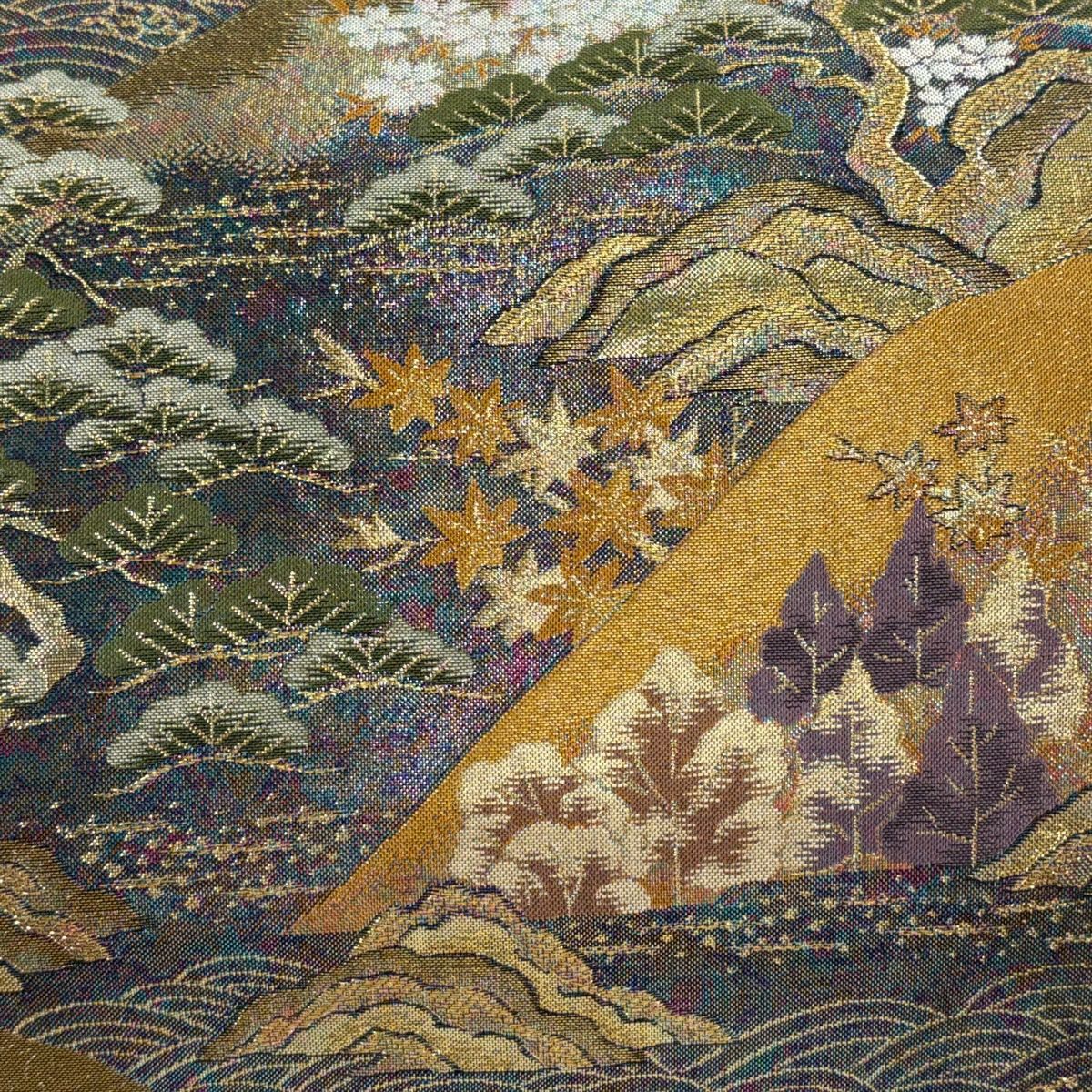 【美品】 袋帶 秀品級 山 樹木 金絲 金金箔 青紫 六通 純蠶絲