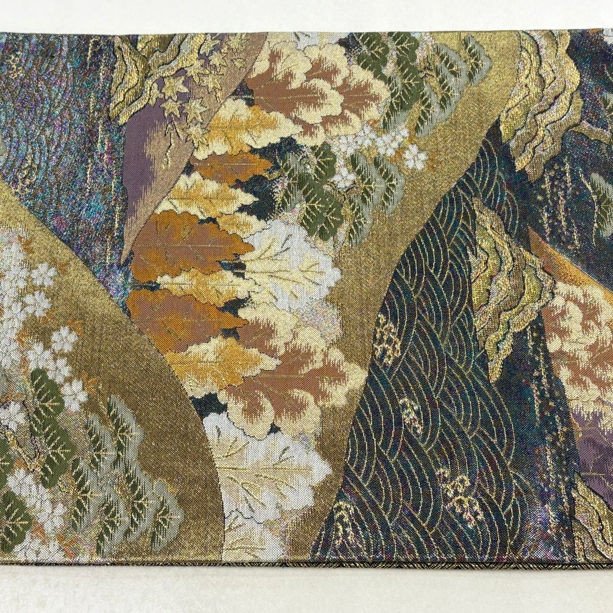 【美品】 袋帶 秀品級 山 樹木 金絲 金金箔 青紫 六通 純蠶絲