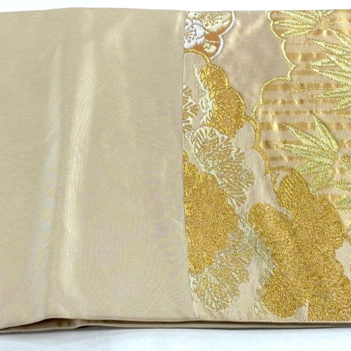 【美品】 袋帶 秀品級 雲文 松樹竹子梅花 金銀絲 金金箔 米色 六通 純蠶絲