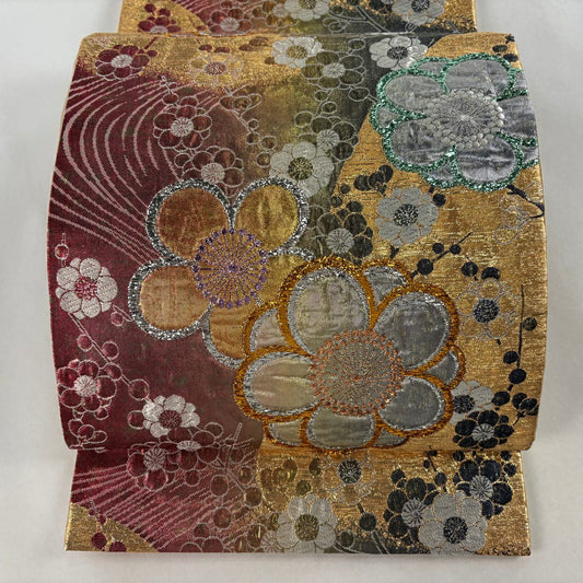 袋帶 秀品級 枝梅花 金金箔 唐織 金色 六通 純蠶絲