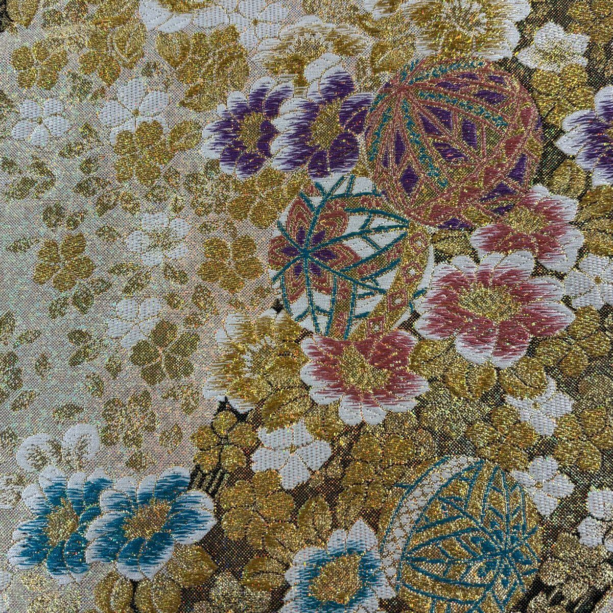 【美品】 袋帶 秀品級 振袖禮服禮服用 手毬 草花紋紋 金絲 金金箔 金色 六通 純蠶絲