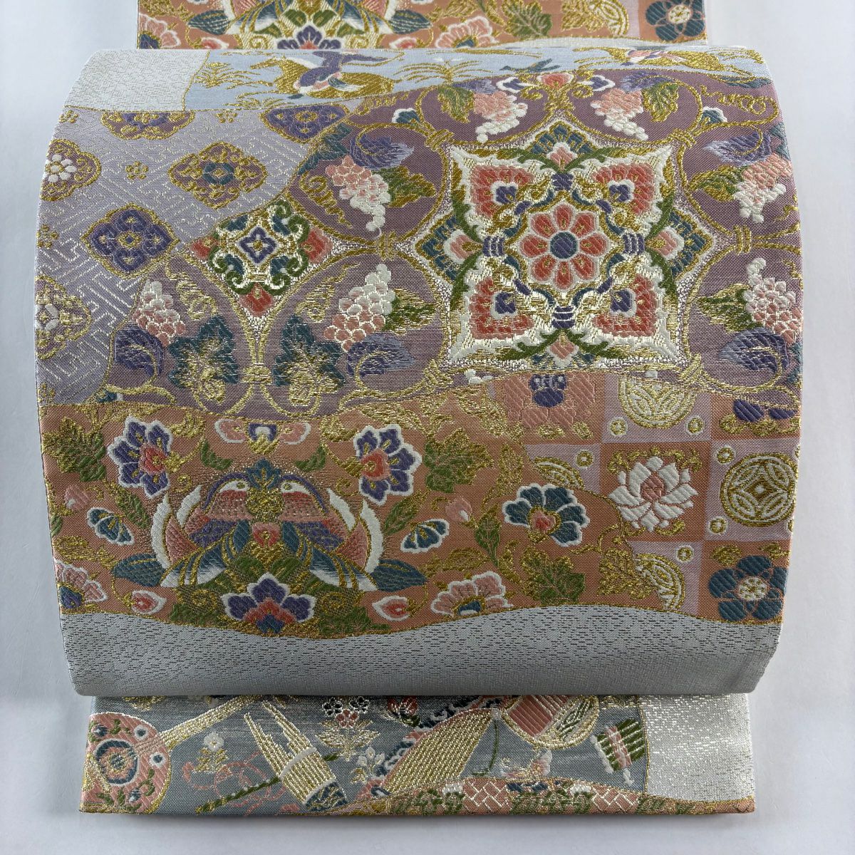 【美品】 袋帶 秀品級 華紋 狩獵文 金絲 刺繡 銀 六通 純蠶絲