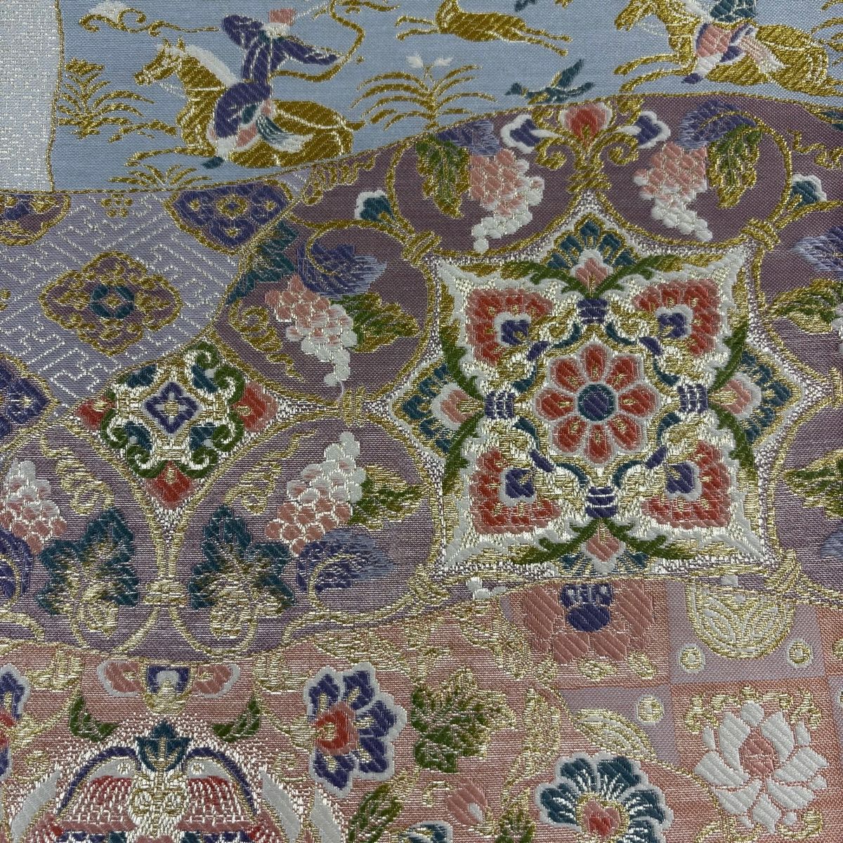 【美品】 袋帶 秀品級 華紋 狩獵文 金絲 刺繡 銀 六通 純蠶絲