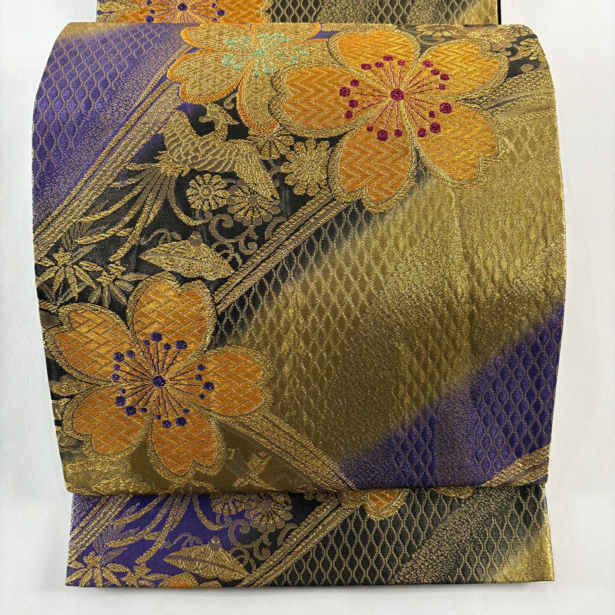 袋帶 秀品級 振袖禮服禮服用 櫻花 鳳凰 金絲 金金箔 金色 六通 純蠶絲