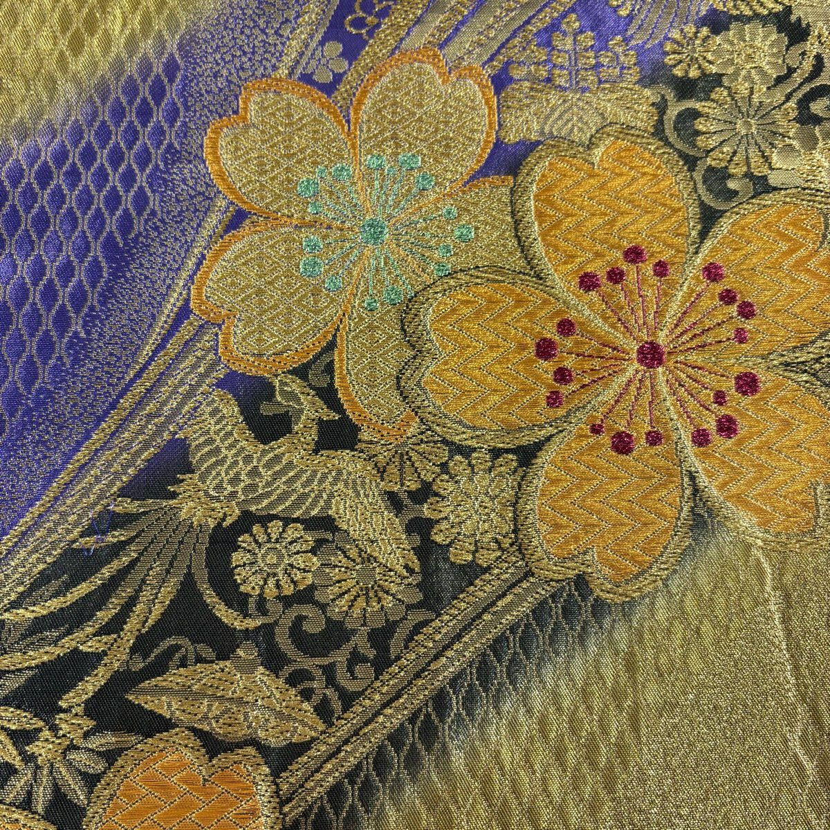 袋帶 秀品級 振袖禮服禮服用 櫻花 鳳凰 金絲 金金箔 金色 六通 純蠶絲