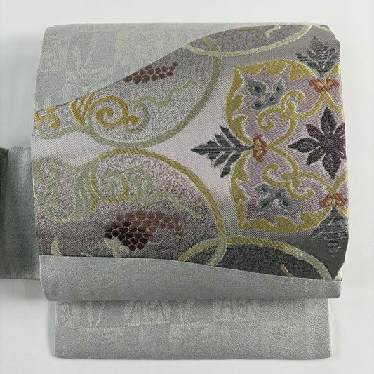 【美品】 名古屋帶 逸品級 華紋 葡萄 金銀彩 金金箔 灰色 純蠶絲