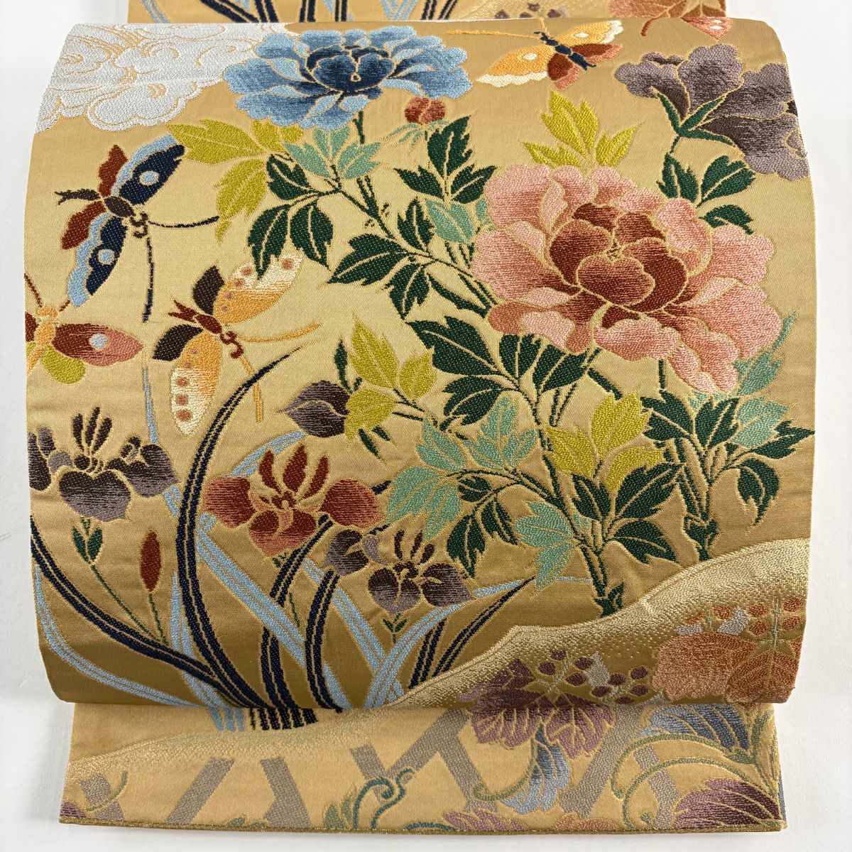 【美品】 袋帶 逸品級 白綾苑大庭 落款あり 關西仕立 草花紋 蝶 刺繡 金線 淺茶 六通 純蠶絲