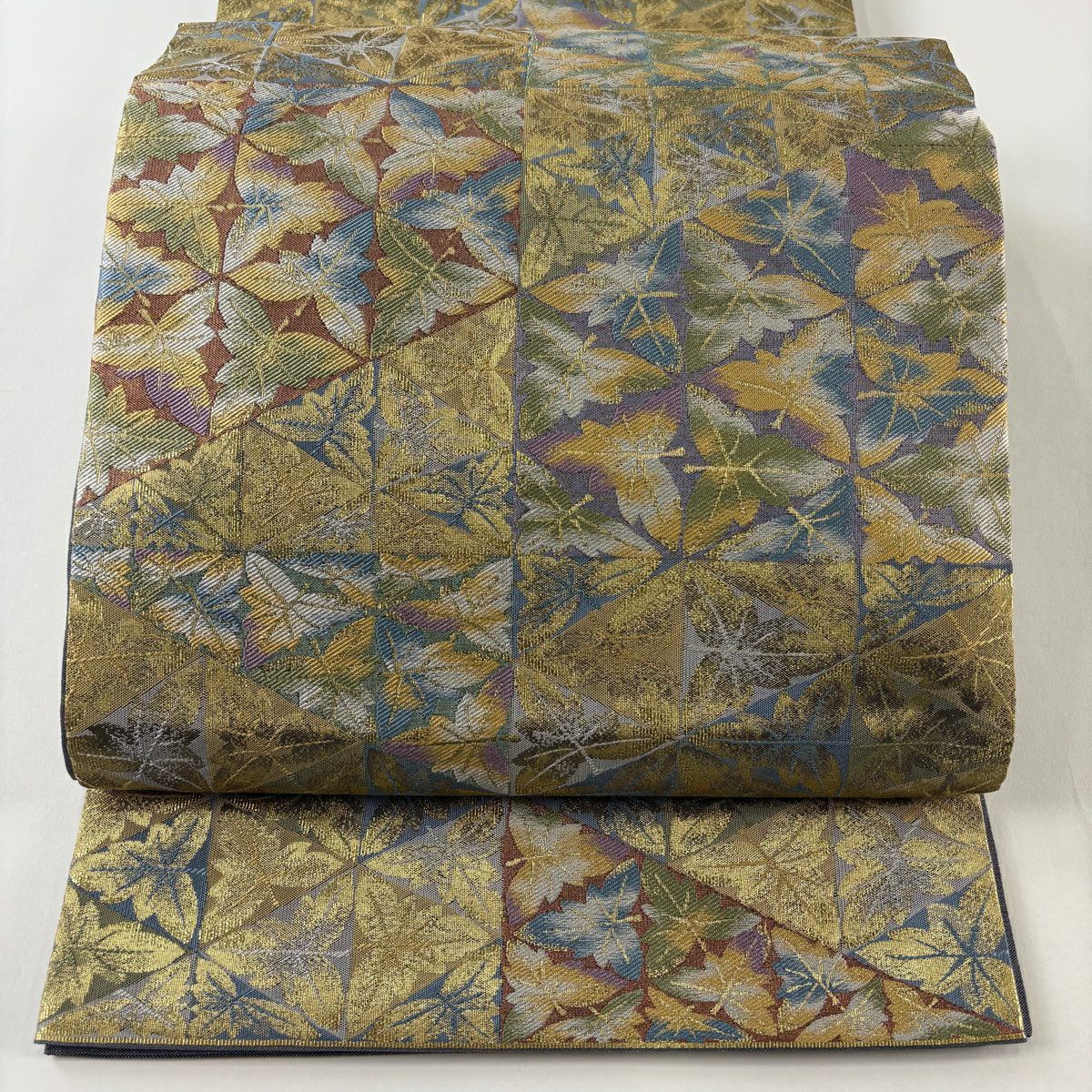 【美品】 袋帶 秀品級 葉柄 鱗 金金箔 鶯 深綠 六通 純蠶絲