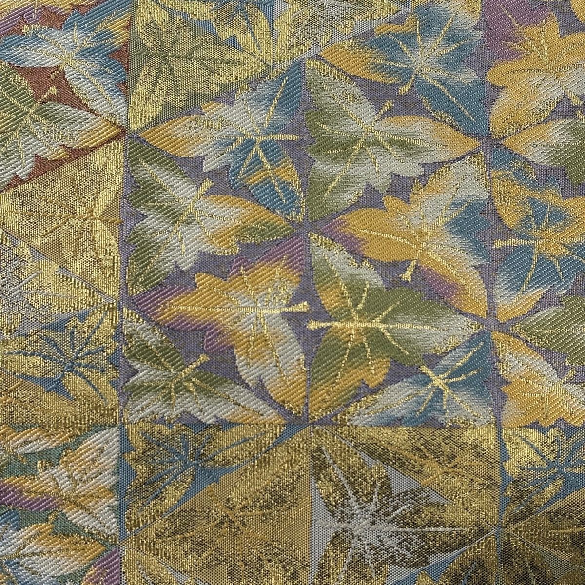 【美品】 袋帶 秀品級 葉柄 鱗 金金箔 鶯 深綠 六通 純蠶絲