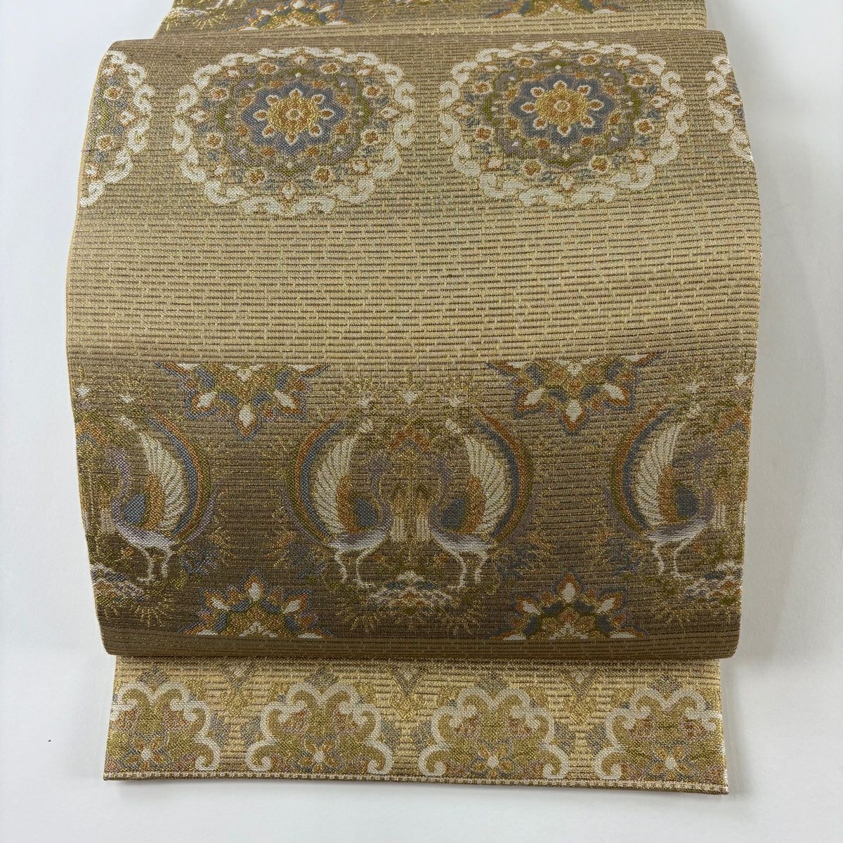 【美品】 袋帶 秀品級 華紋 向鳥 金絲 金 六通 純蠶絲