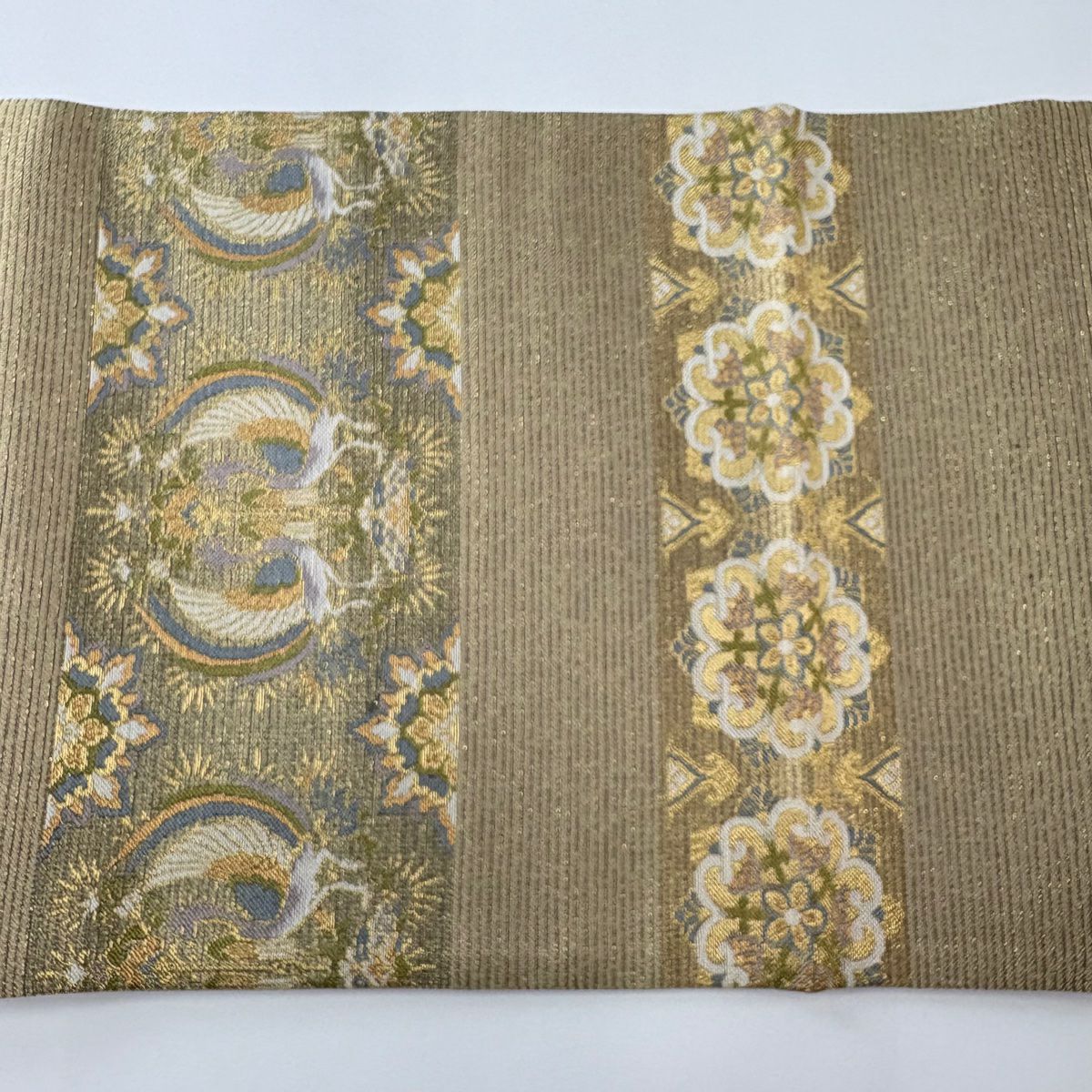 【美品】 袋帶 秀品級 華紋 向鳥 金絲 金 六通 純蠶絲