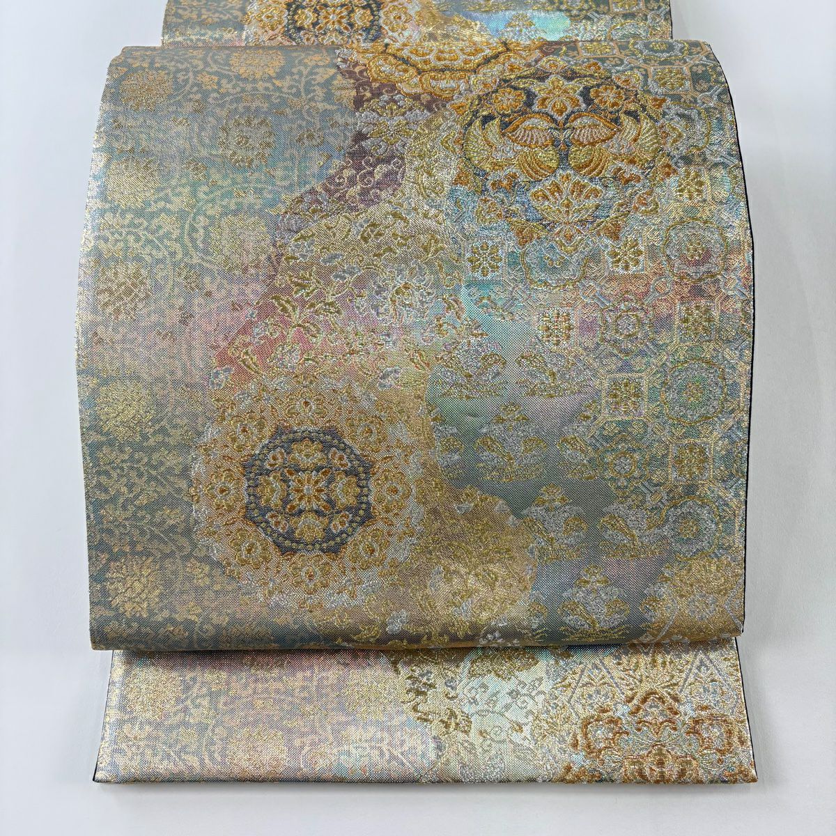 【美品】 袋帶 秀品級 華紋 向鳥 金銀線 金金箔 淺綠 六通 純蠶絲