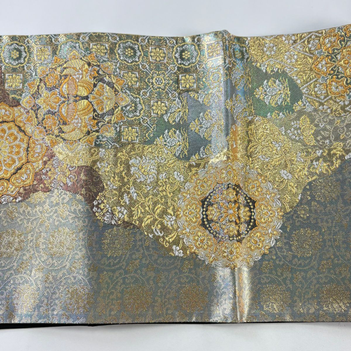 【美品】 袋帶 秀品級 華紋 向鳥 金銀線 金金箔 淺綠 六通 純蠶絲