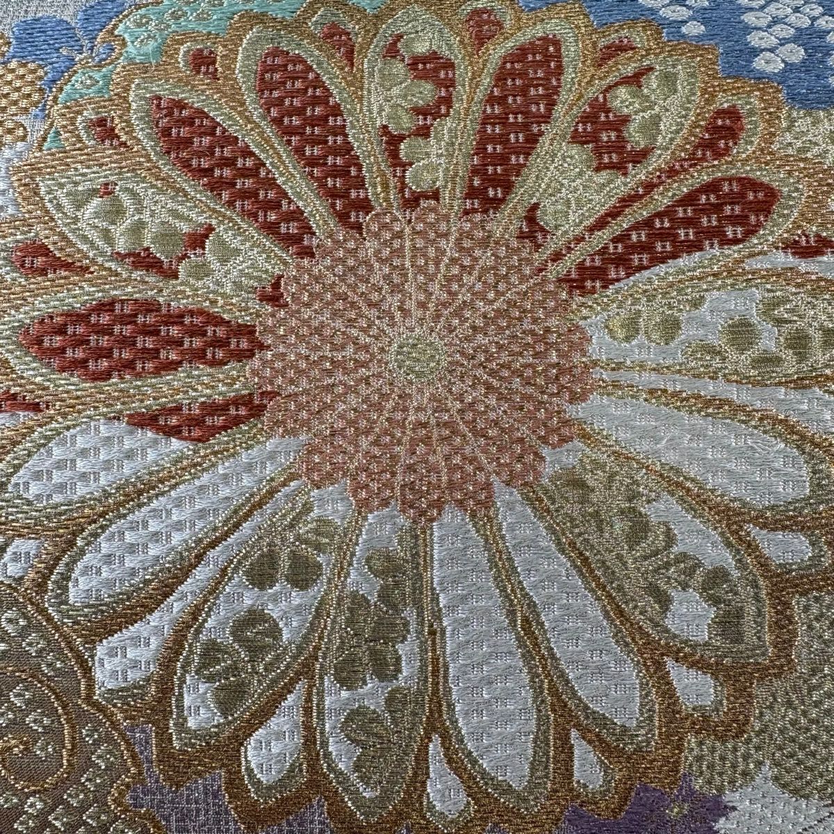 袋帶 秀品級 菊花唐草紋 櫻 金線 金金箔 灰紫 六通 純蠶絲
