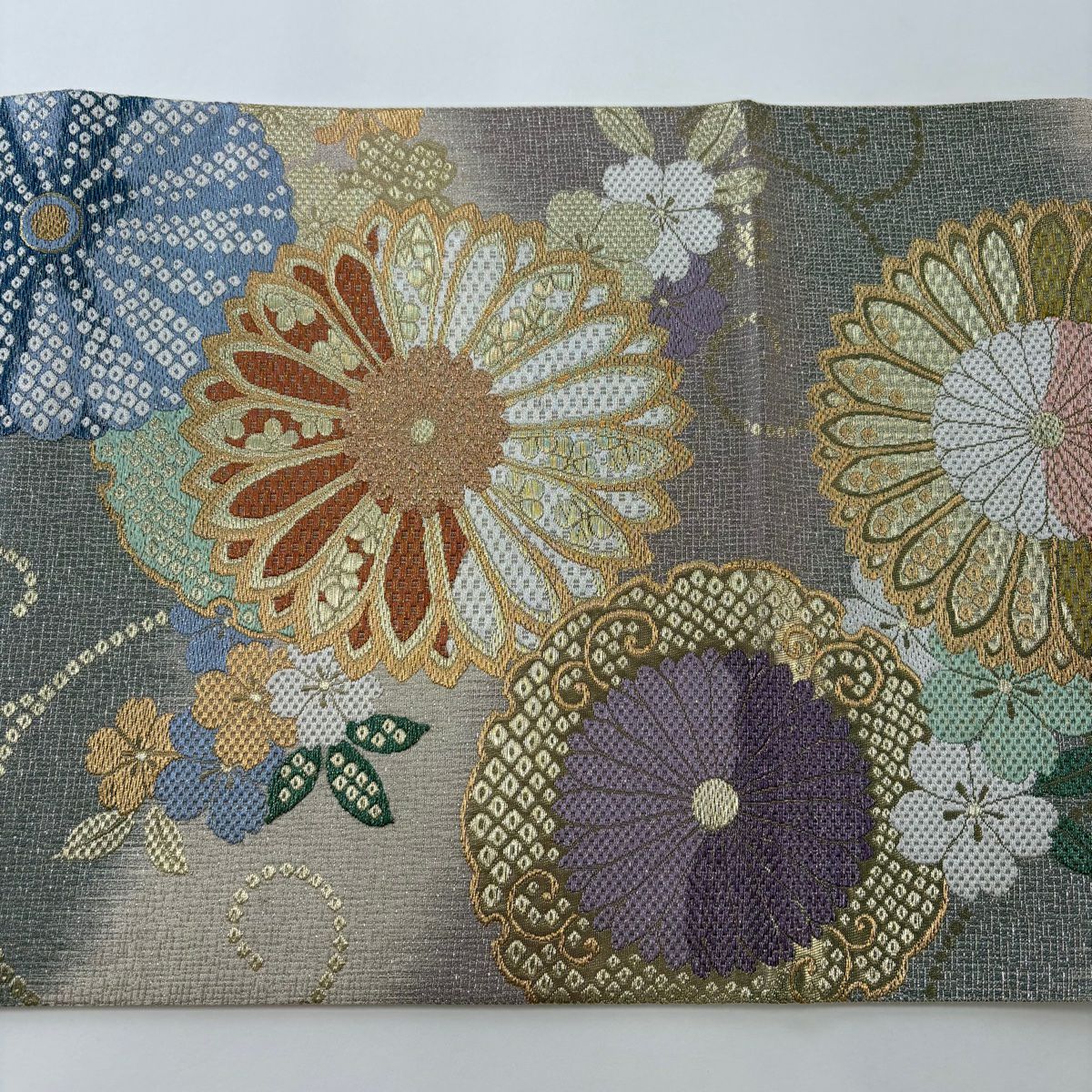 袋帶 秀品級 菊花唐草紋 櫻 金線 金金箔 灰紫 六通 純蠶絲