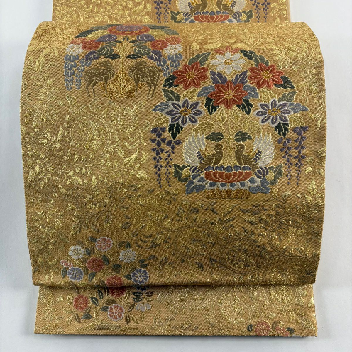 【美品】 袋帶 秀品級 花鳥 動物 金絲 唐織 金色 六通 純蠶絲