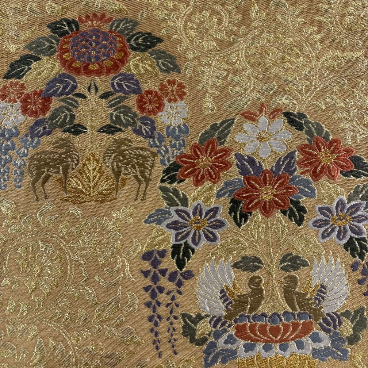 【美品】 袋帶 秀品級 花鳥 動物 金絲 唐織 金色 六通 純蠶絲