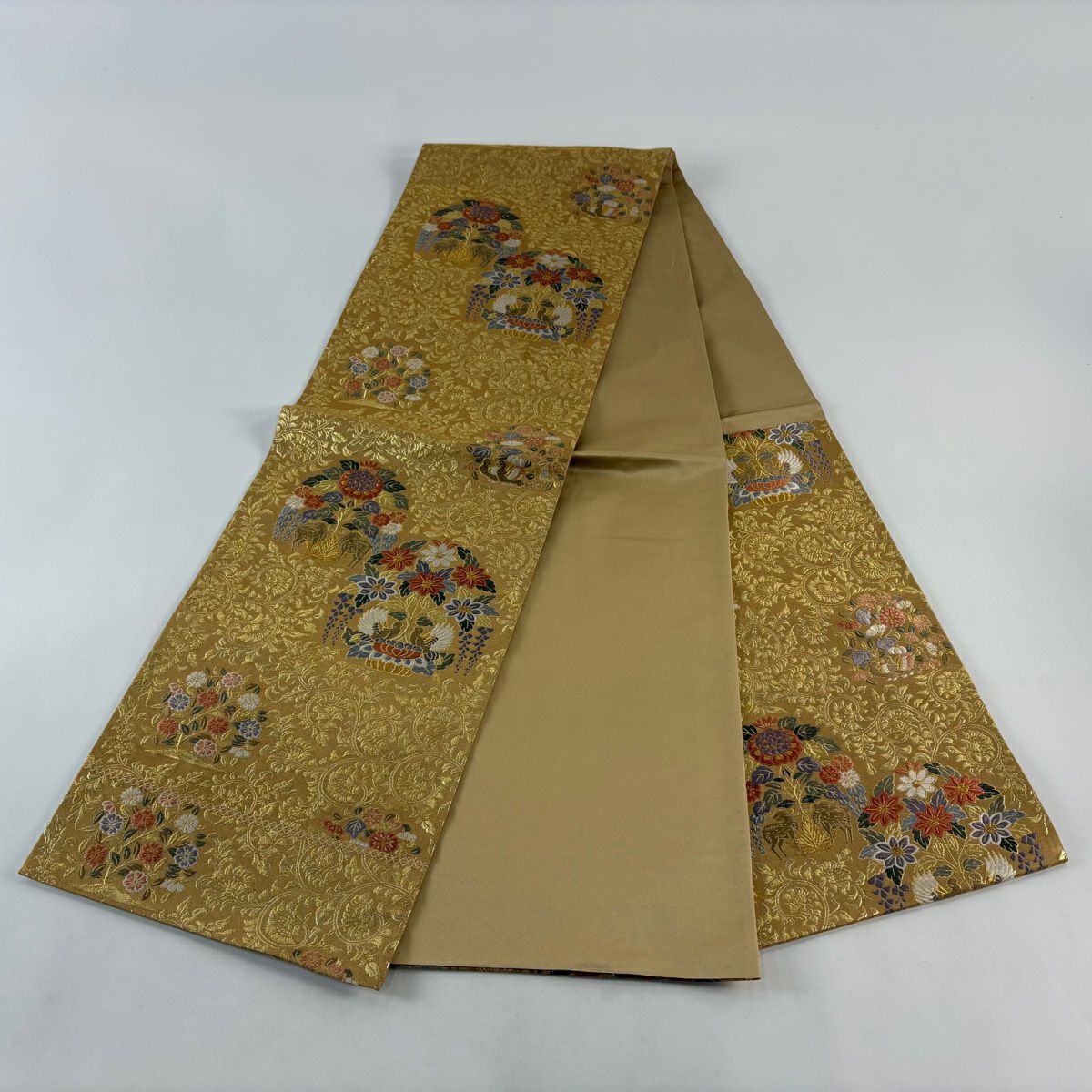 【美品】 袋帶 秀品級 花鳥 動物 金絲 唐織 金色 六通 純蠶絲