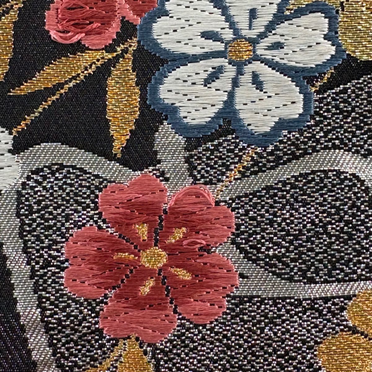 【美品】 袋帶 秀品級 御所車 櫻花 金銀彩 唐織 黑 六通 純蠶絲