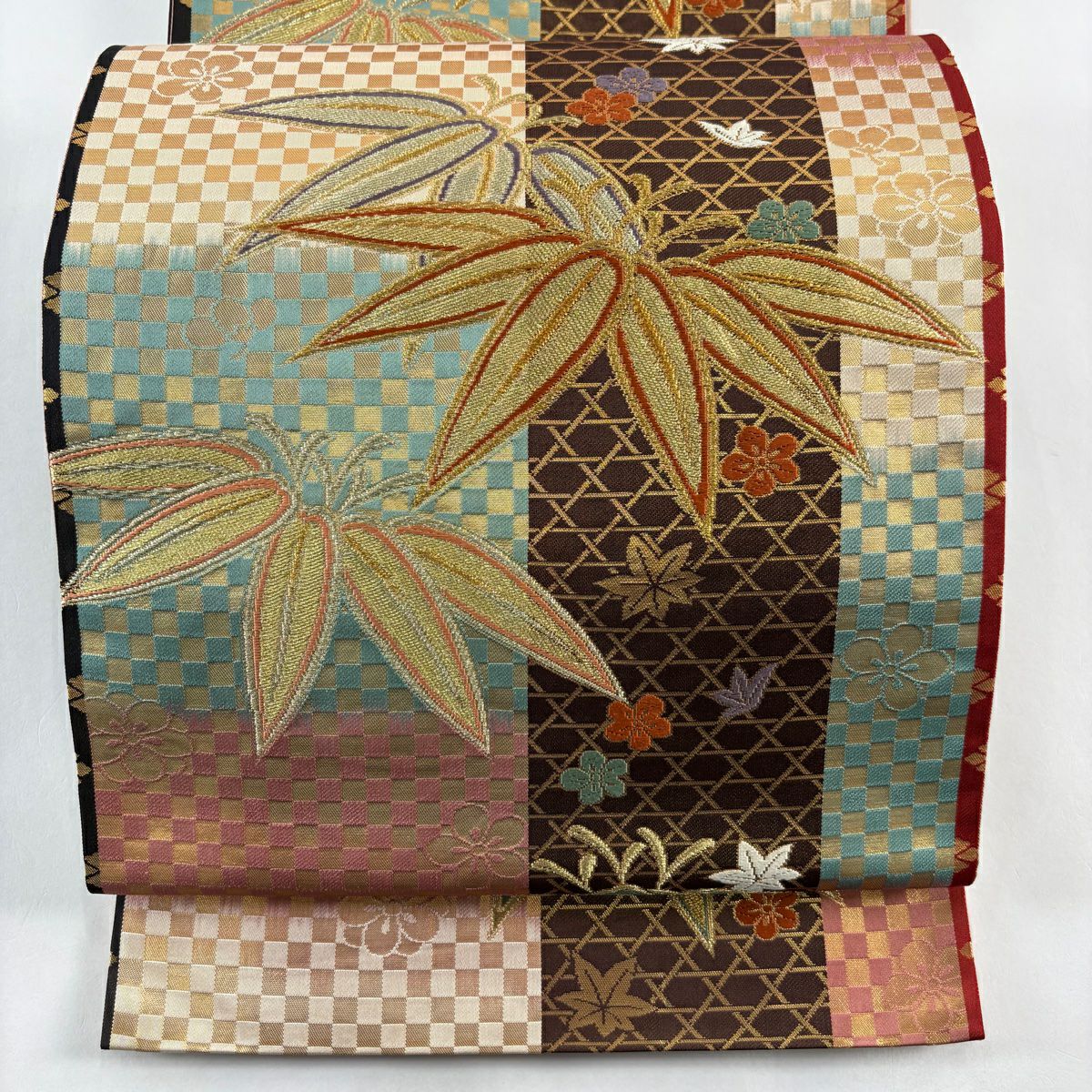 【美品】 袋帶 秀品級 笹 梅花 金絲 唐織 米色 六通 純蠶絲