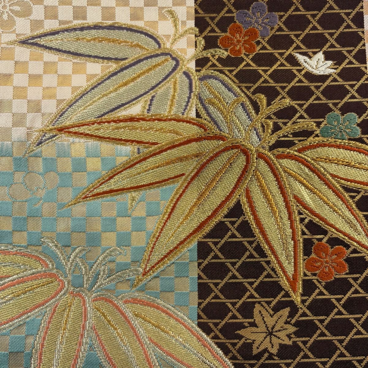 【美品】 袋帶 秀品級 笹 梅花 金絲 唐織 米色 六通 純蠶絲