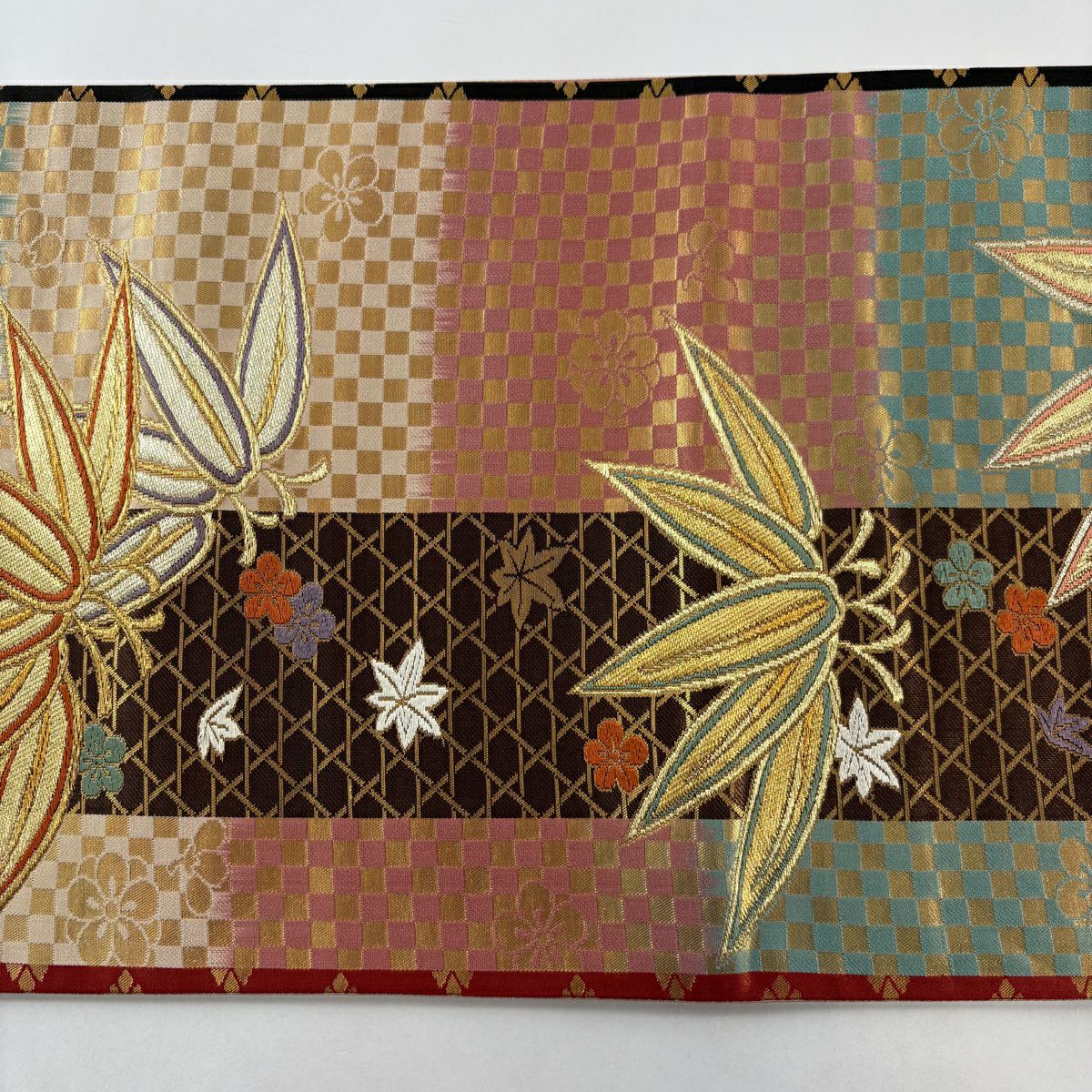 【美品】 袋帶 秀品級 笹 梅花 金絲 唐織 米色 六通 純蠶絲