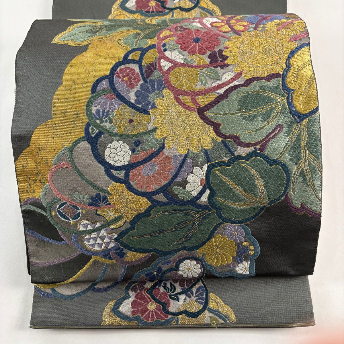 袋帶 秀品級 國風錦 關西仕立 雛菊花 草花紋紋 唐織 金金箔 灰綠 六通 純蠶絲