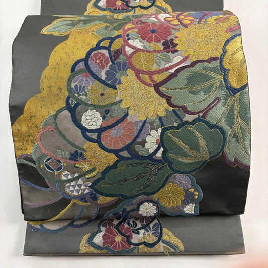 袋帶 秀品級 國風錦 關西仕立 雛菊花 草花紋紋 唐織 金金箔 灰綠 六通 純蠶絲