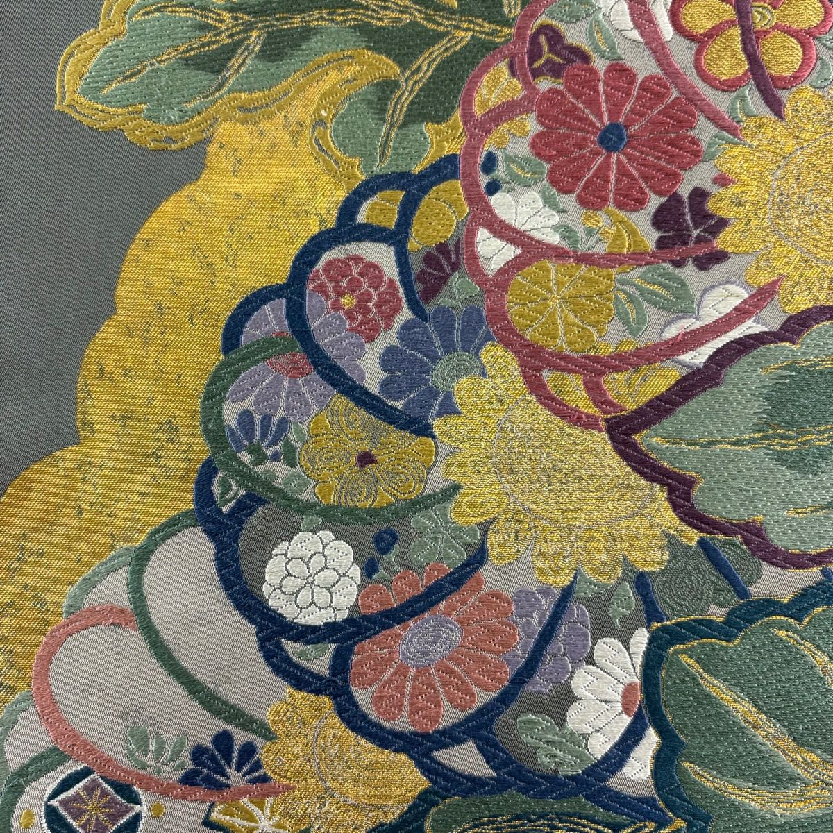 袋帶 秀品級 國風錦 關西仕立 雛菊花 草花紋紋 唐織 金金箔 灰綠 六通 純蠶絲