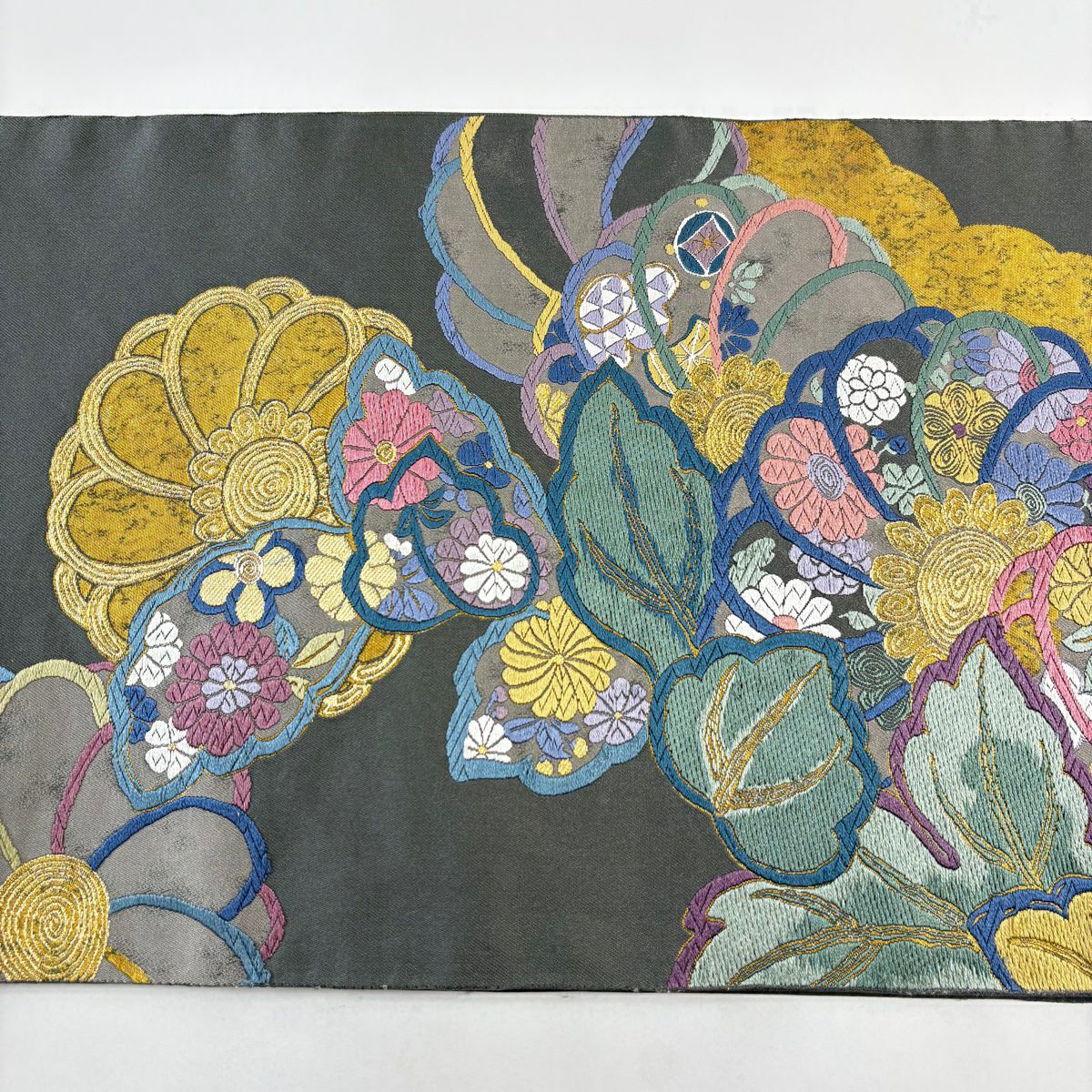 袋帶 秀品級 國風錦 關西仕立 雛菊花 草花紋紋 唐織 金金箔 灰綠 六通 純蠶絲