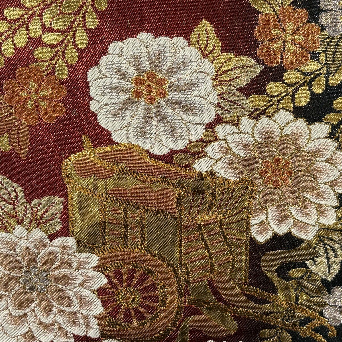 【美品】 袋帶 秀品級 御所車 牡丹 金金箔 金絲 紅黑 六通 純蠶絲