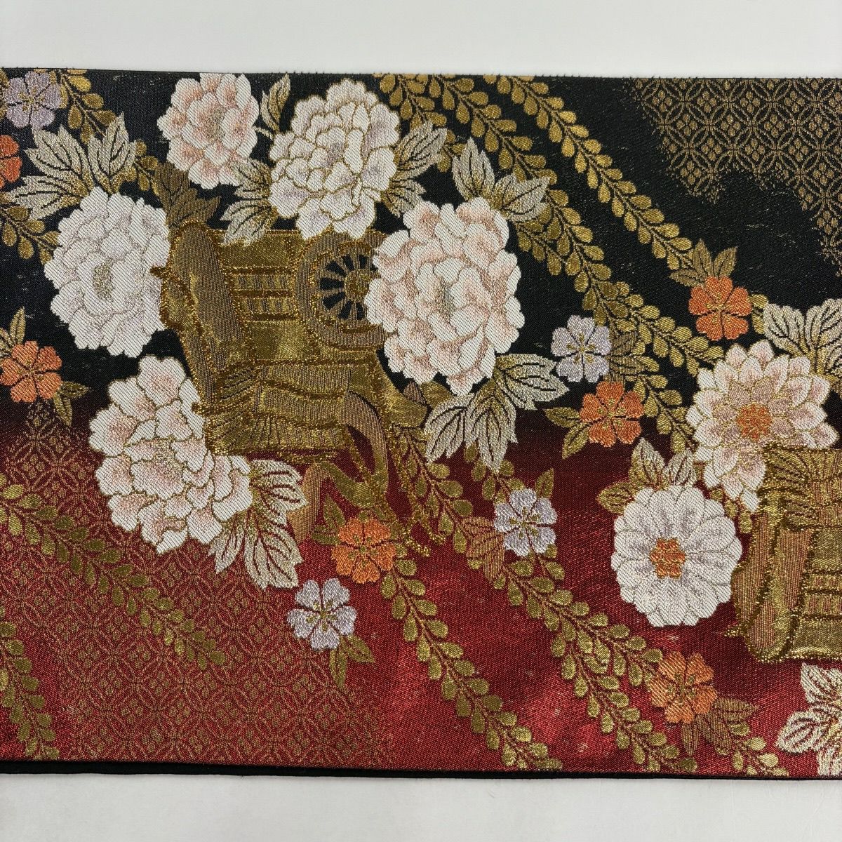 【美品】 袋帶 秀品級 御所車 牡丹 金金箔 金絲 紅黑 六通 純蠶絲