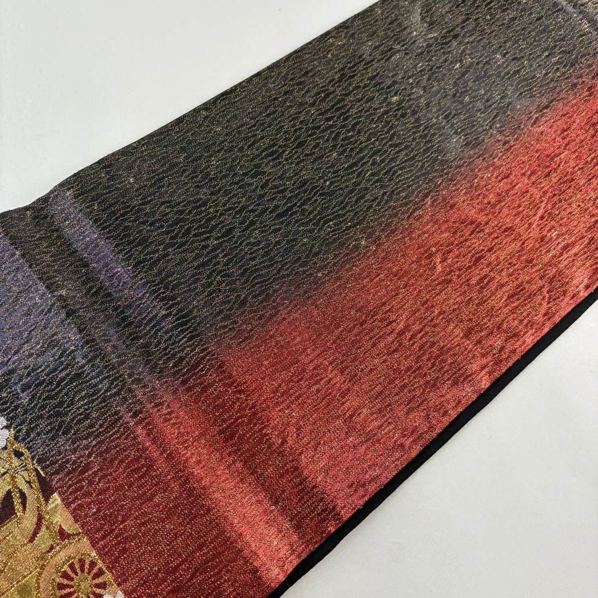 【美品】 袋帶 秀品級 御所車 牡丹 金金箔 金絲 紅黑 六通 純蠶絲
