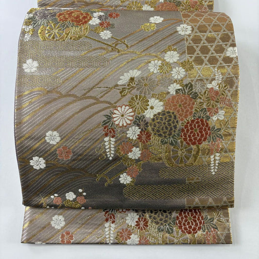 袋帶 秀品級 花車 波 金金箔 金絲 灰紫 六通 純蠶絲