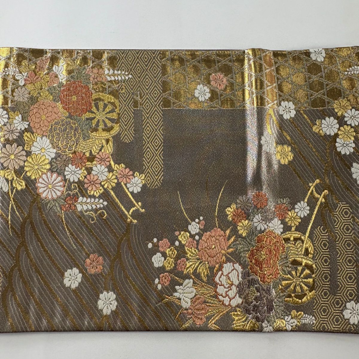 袋帶 秀品級 花車 波 金金箔 金絲 灰紫 六通 純蠶絲