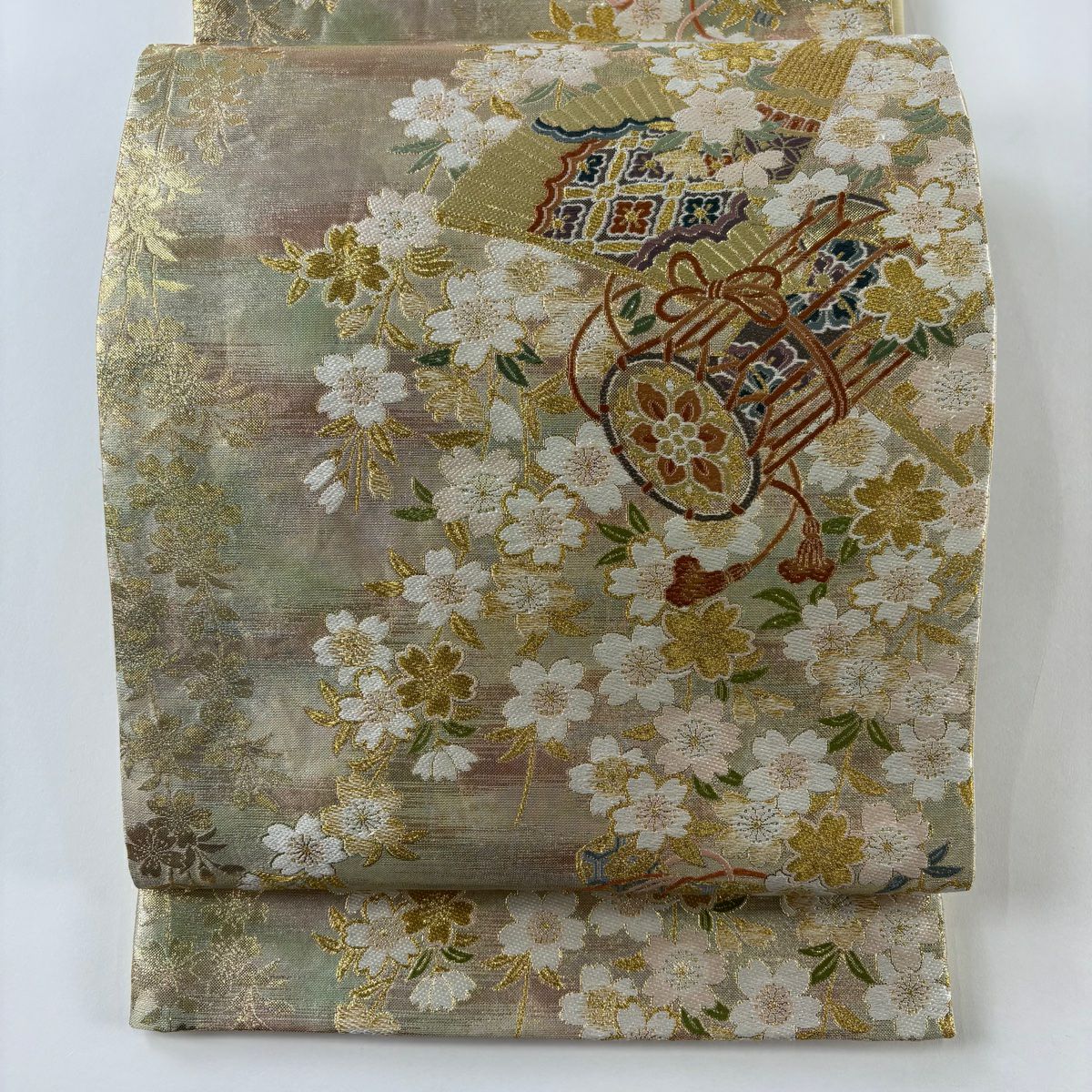袋帶 秀品級 雅樂器 櫻花 金絲 金金箔 淺綠 六通 純蠶絲
