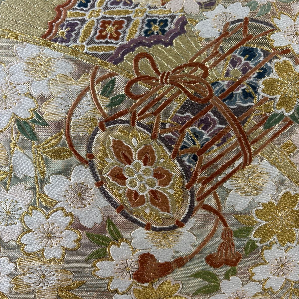 袋帶 秀品級 雅樂器 櫻花 金絲 金金箔 淺綠 六通 純蠶絲