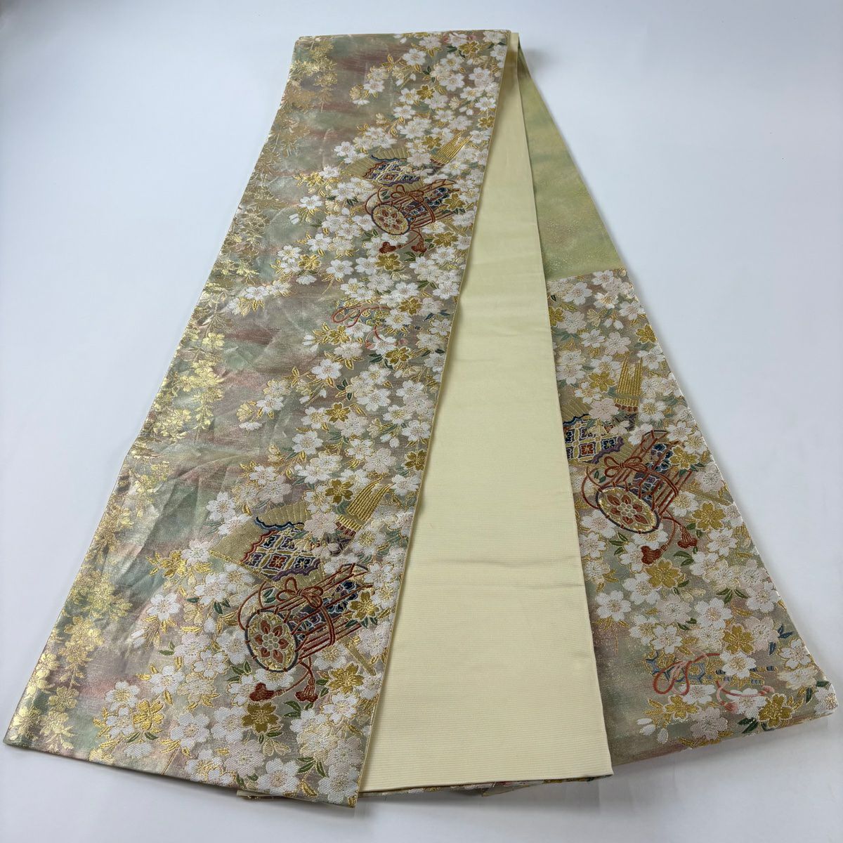 袋帶 秀品級 雅樂器 櫻花 金絲 金金箔 淺綠 六通 純蠶絲