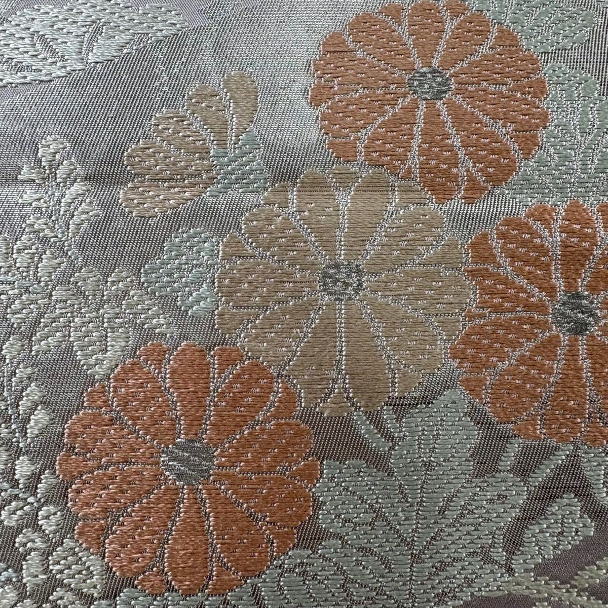 袋帶 秀品級 川島織物 落款 菊花 松樹 唐織 銀糸 灰紫 六通 純蠶絲