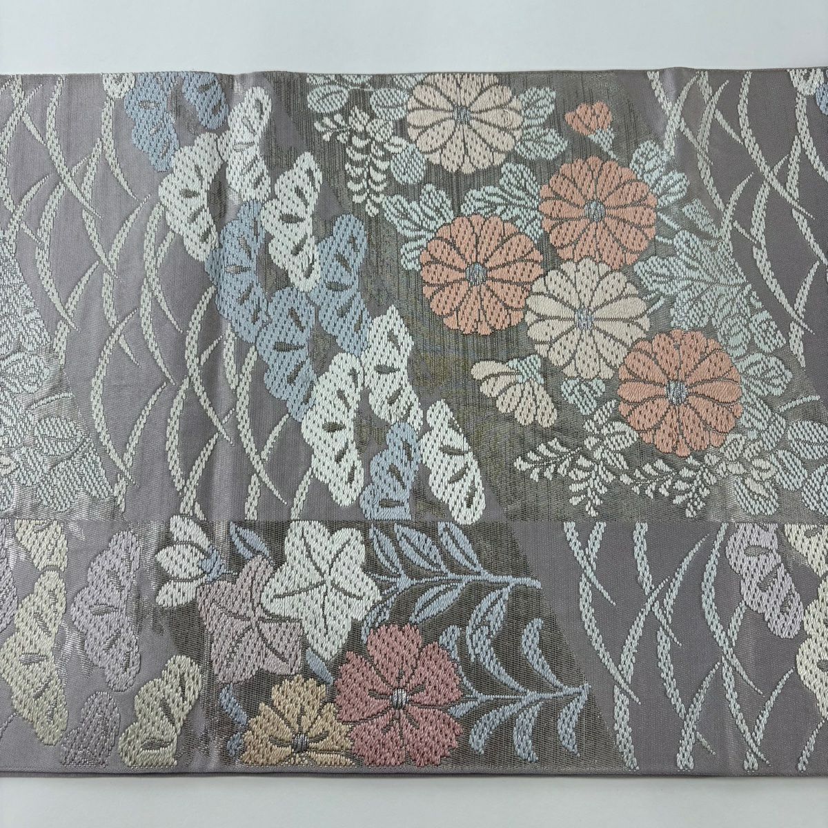 袋帶 秀品級 川島織物 落款 菊花 松樹 唐織 銀糸 灰紫 六通 純蠶絲