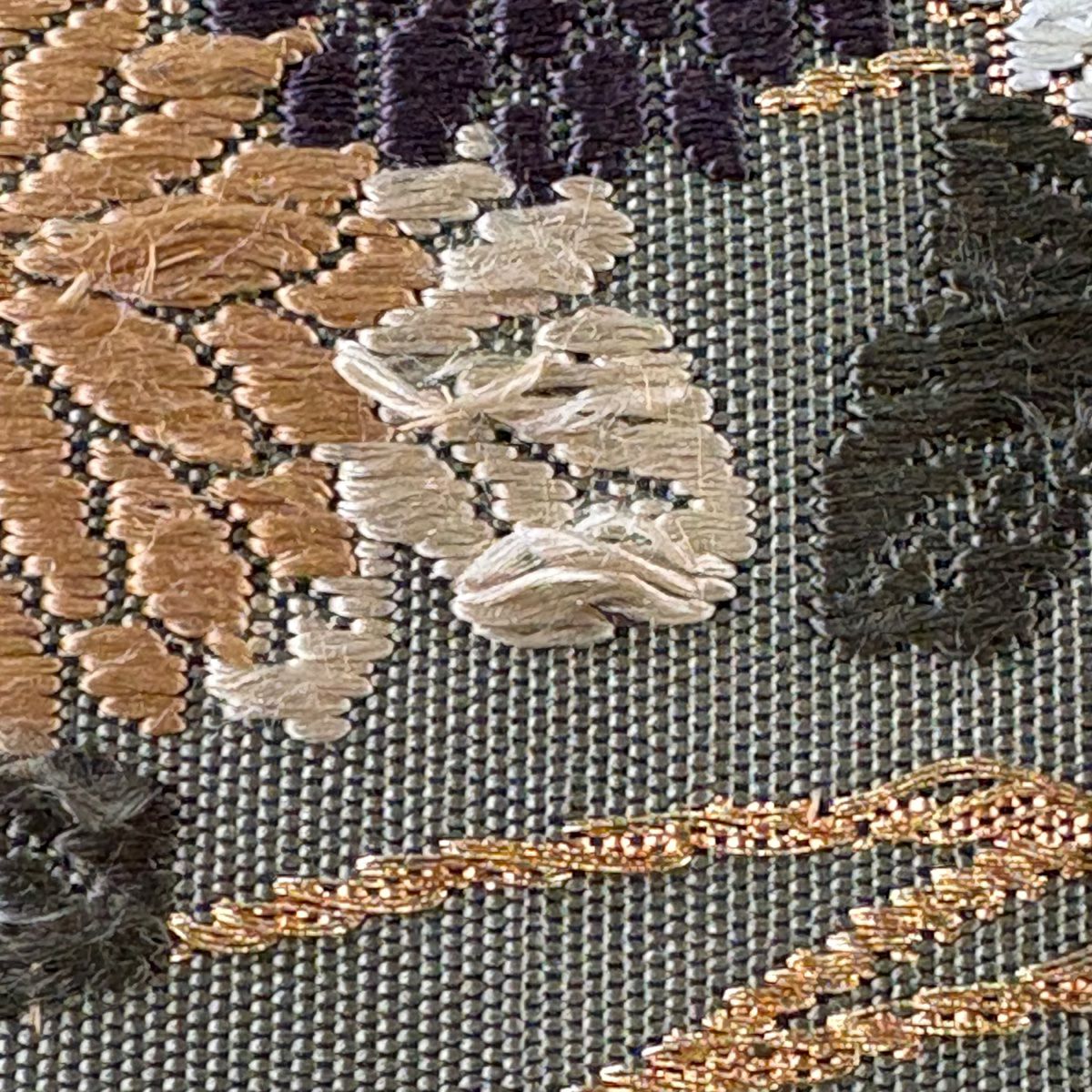 袋帶 秀品級 枝梅花 菊花 金糸 金金箔 鶯 深藍 六通 純蠶絲