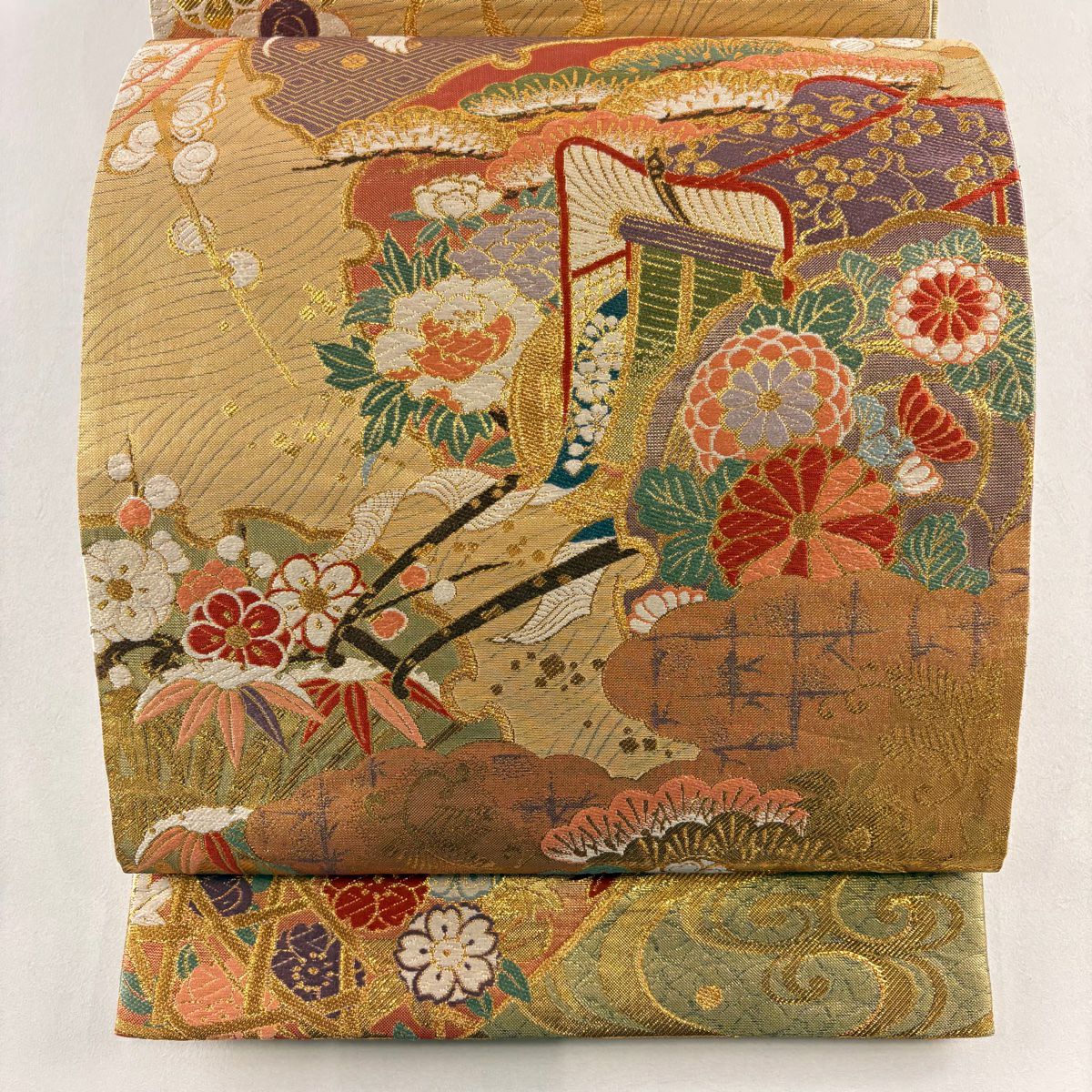 【美品】 袋帶 秀品級 御所車 松樹竹子梅花 金絲 金金箔 金色 大鼓圖案 純蠶絲