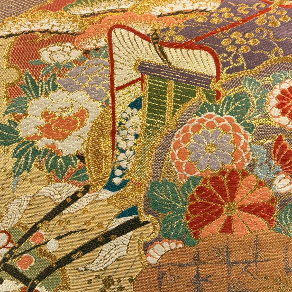 【美品】 袋帶 秀品級 御所車 松樹竹子梅花 金絲 金金箔 金色 大鼓圖案 純蠶絲