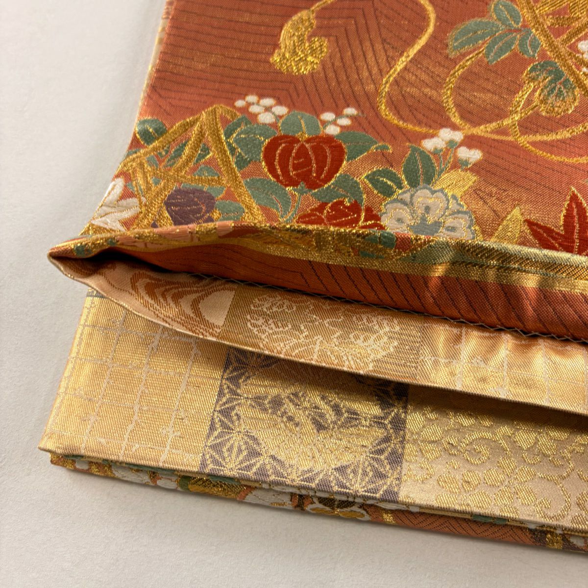 【美品】 袋帶 秀品級 御所車 松樹竹子梅花 金絲 金金箔 金色 大鼓圖案 純蠶絲