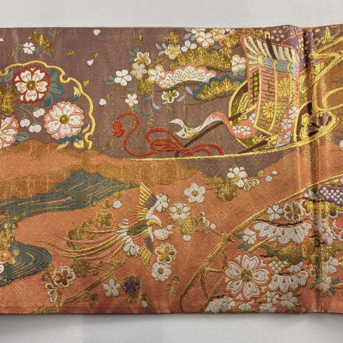 【美品】 袋帶 秀品級 御所車 松樹竹子梅花 金絲 金金箔 金色 大鼓圖案 純蠶絲