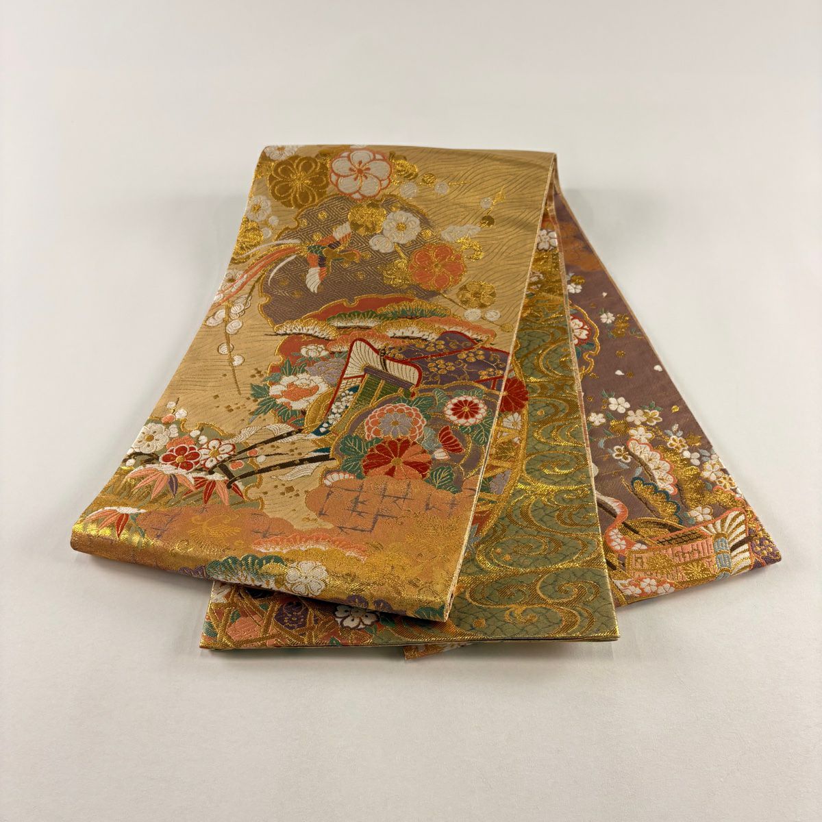 【美品】 袋帶 秀品級 御所車 松樹竹子梅花 金絲 金金箔 金色 大鼓圖案 純蠶絲