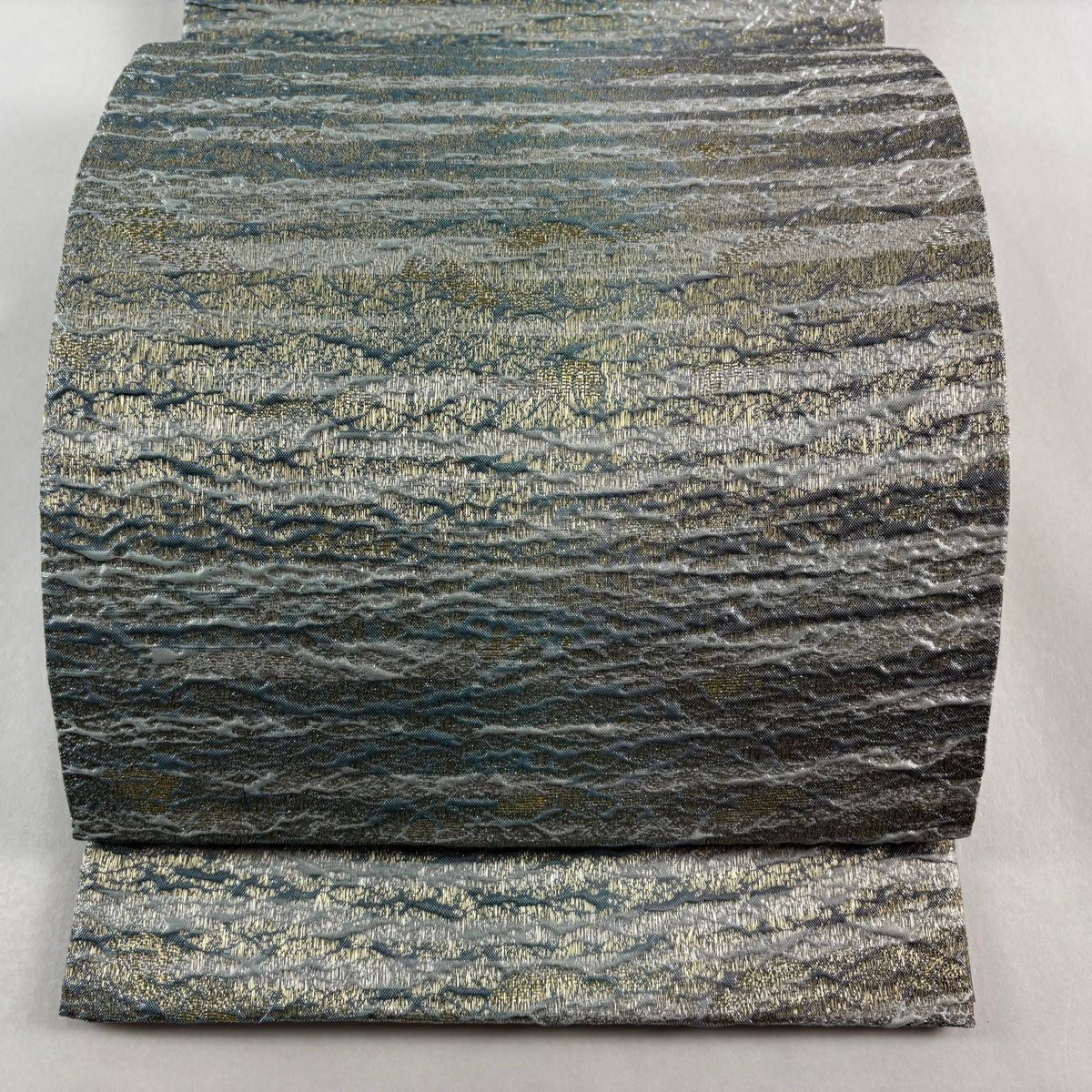【美品】 袋帶 秀品級 霞 金絲 金金箔 青綠 全通 純蠶絲