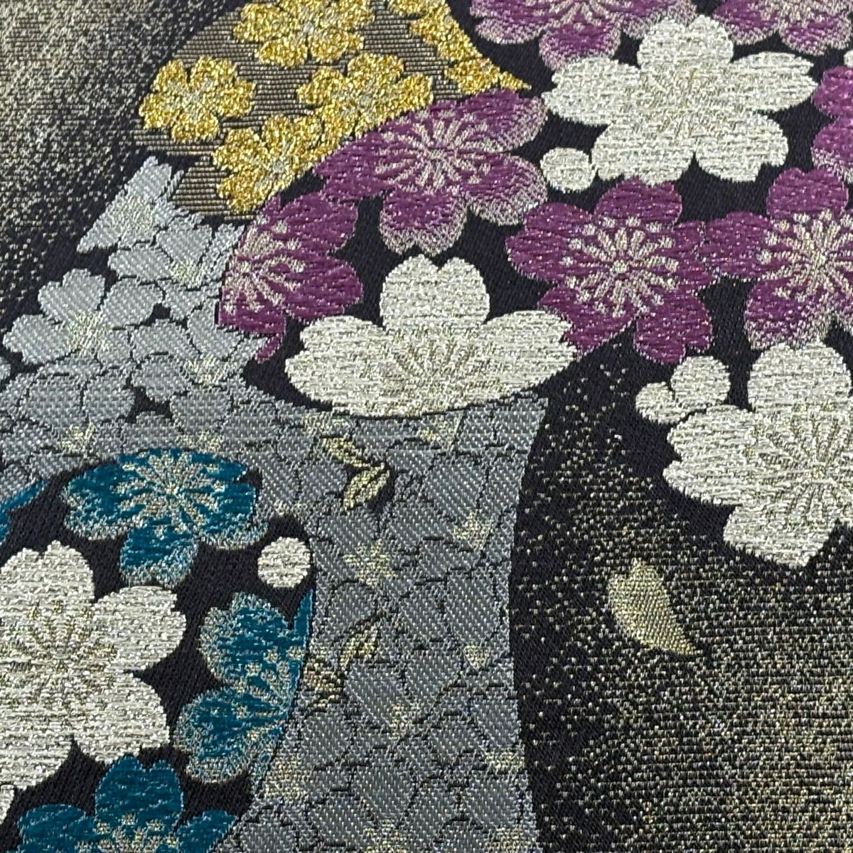 【美品】 袋帶 秀品級 櫻花花瓣 金銀線 金金箔 銀色 六通 純蠶絲