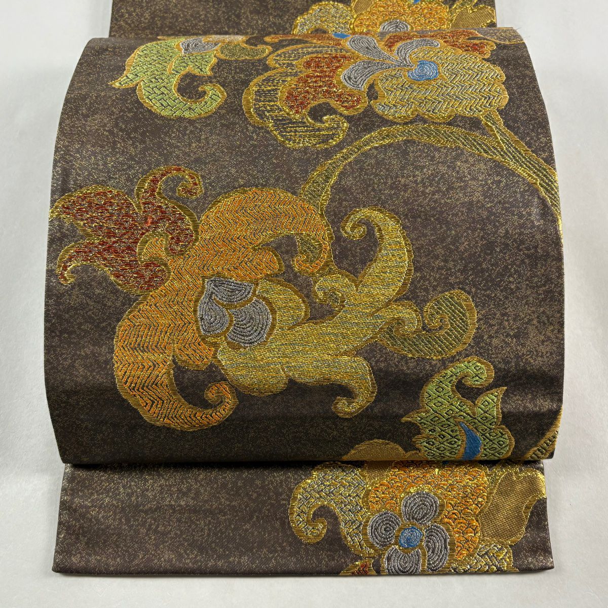 【美品】 袋帶 秀品級 花唐草紋 金絲 金金箔 茶紫 六通 純蠶絲
