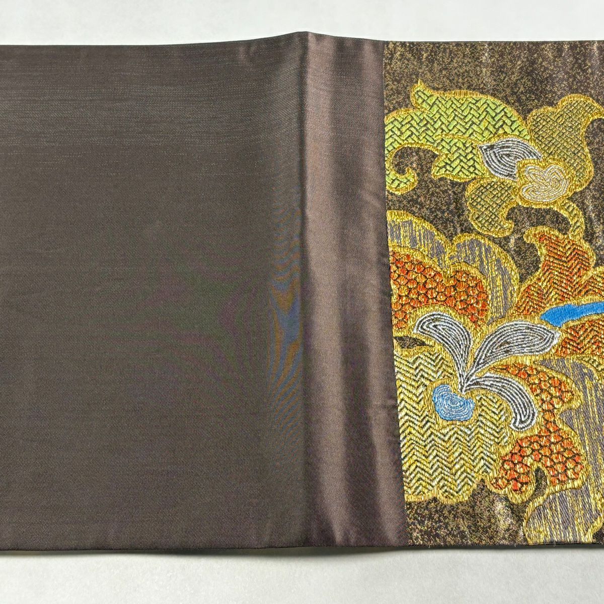 【美品】 袋帶 秀品級 花唐草紋 金絲 金金箔 茶紫 六通 純蠶絲